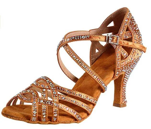 Casual Running Footwear Dark Tan Satin Rhinestone Ballroom Dance Shoes Salsa Latin Dance Shoes