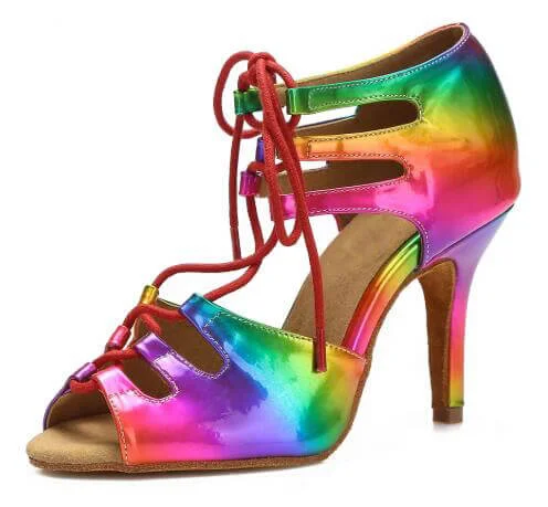 Chic High Heels Collection Rainbow Ballroom Dance Shoes Latin Salsa Strappy Dance Shoes