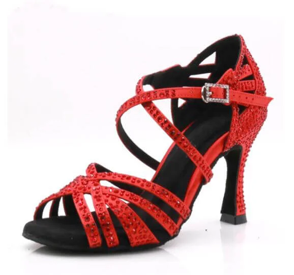 Comfortable Dress Flats Red Satin Rhinestone Ballroom Dance Shoes Latin Salsa Dancing Shoes