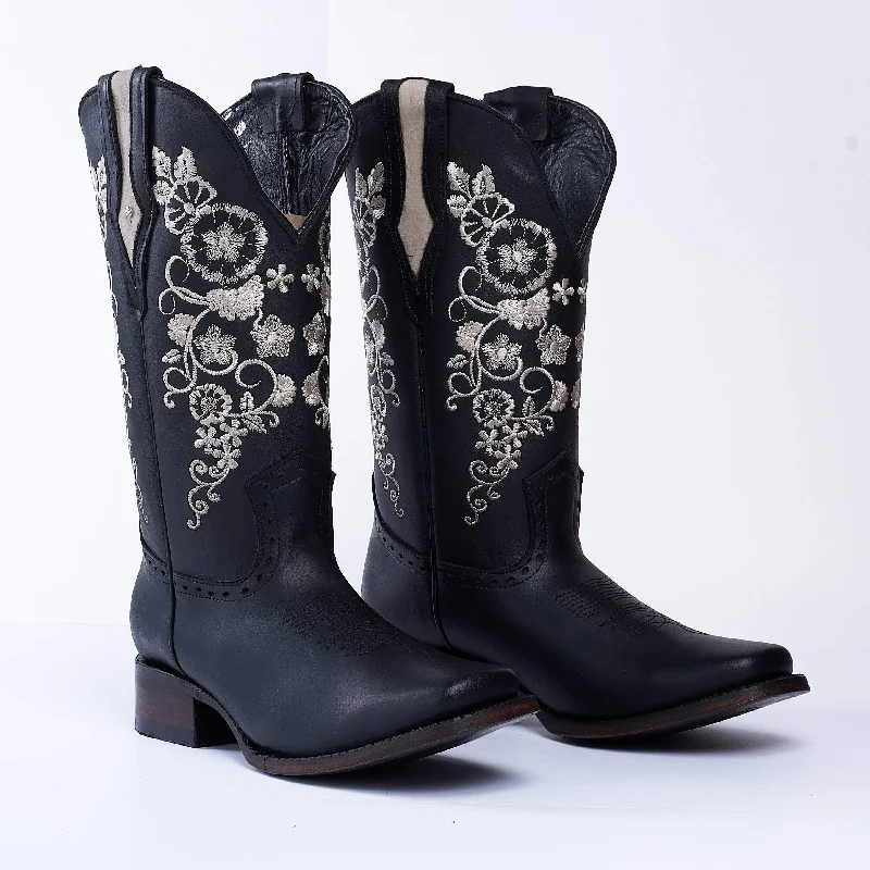 Luxury Hiking Shoes JOE BOOTS 15-01 BLACK, Premium Women's Cowboy Embroidered Boots: Square Toe Western Boot. White Flowers