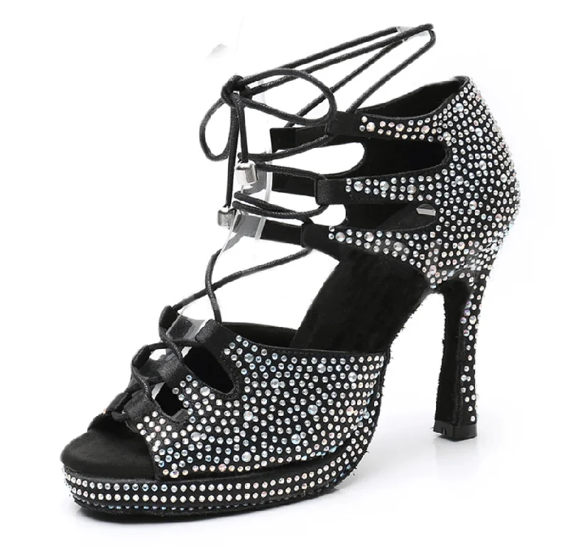 High Fashion Dress Shoes Black Satin Rhinestone Samba Platform Dance Heels