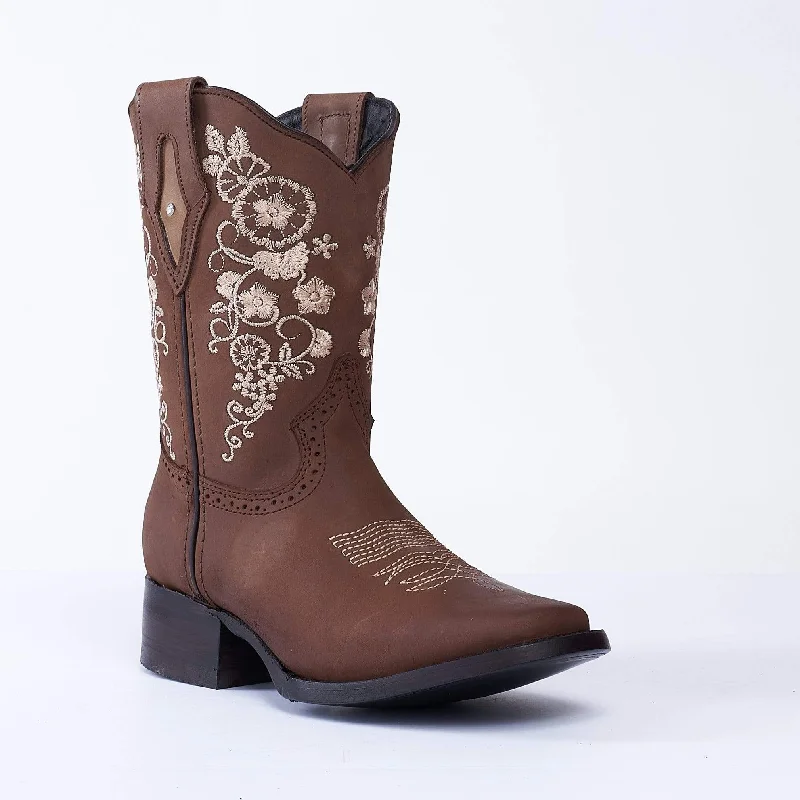 Formal Hiking Footwear JOE BOOTS 14-01 Women's Western Ankle Boots BROWN with Flowers, Embroidered Boots: Square Toe.