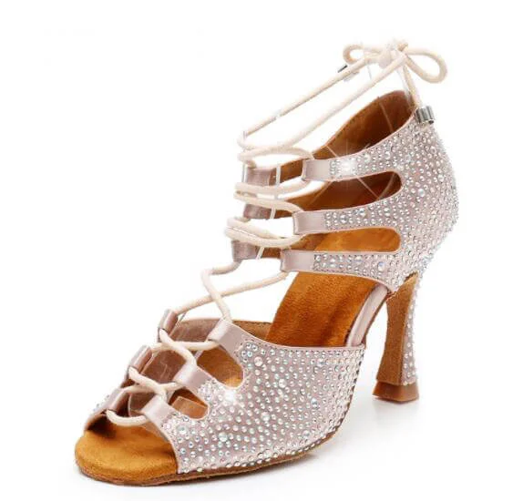 Comfortable Casual Sandals Flesh Satin Rhinestone Ballroom Dance Shoes Salsa Latin Social Dance Shoes