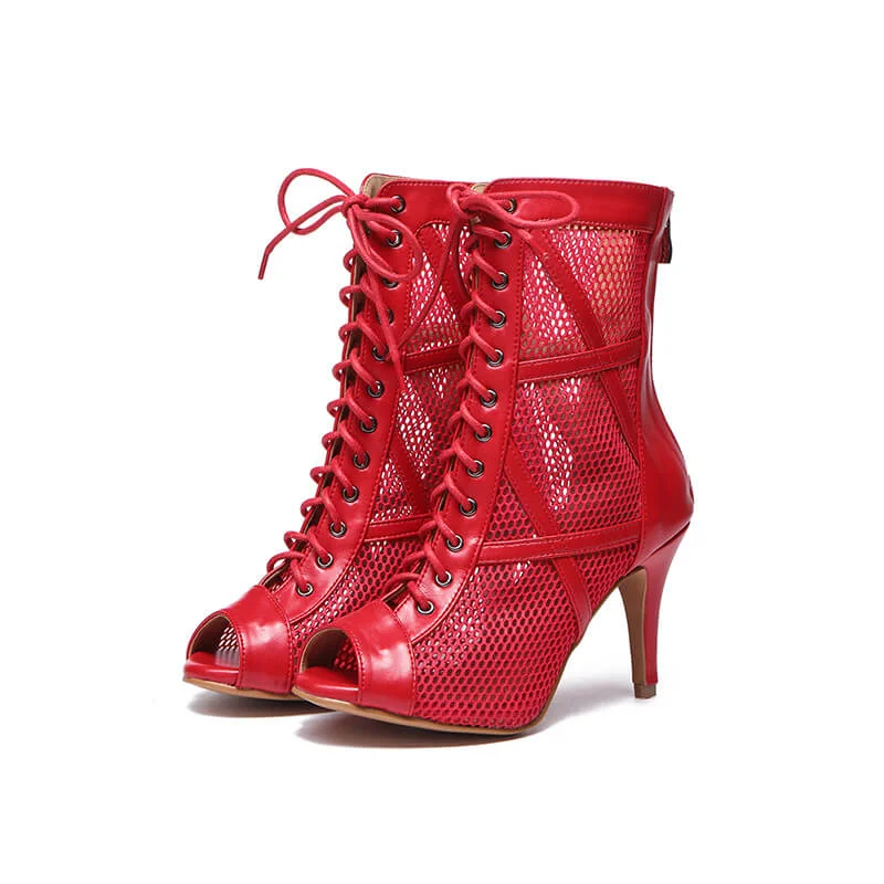 Comfortable Work Sneakers Sexy Women's Red Leather Mesh Dance High Heels Ankle Booties