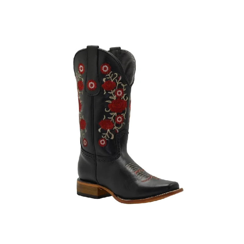 Comfortable Platform Shoes JOE BOOTS 16-07 BLACK Premium Women's Cowboy Embroidered Boots: Square Toe Western Boot Red Flowers