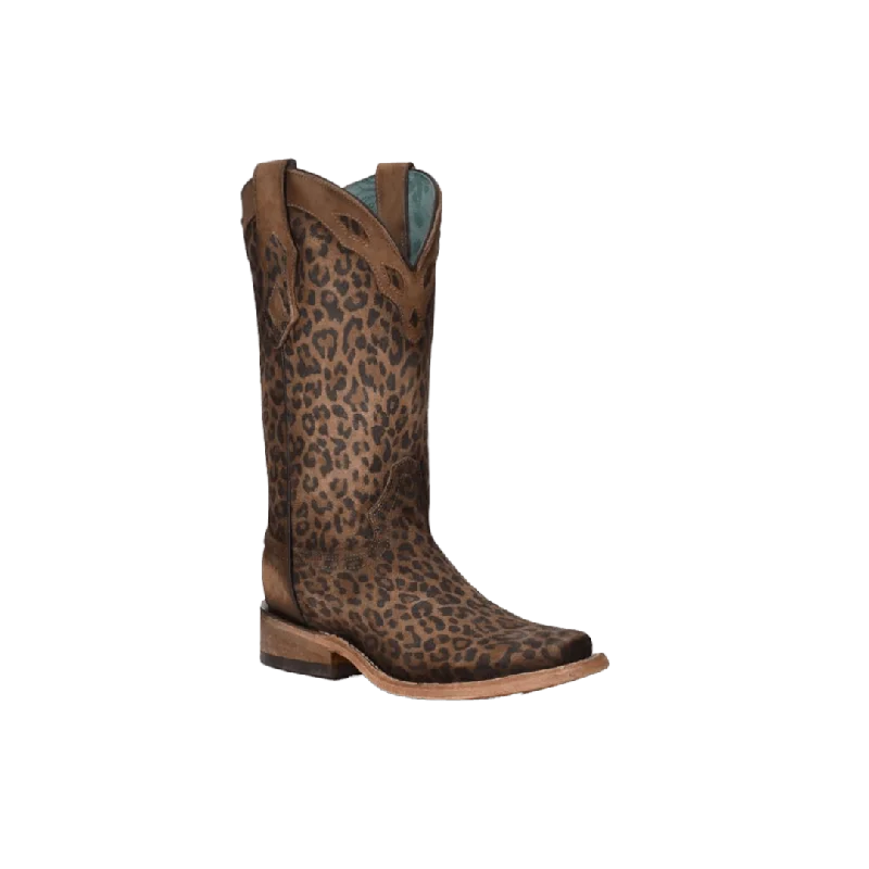 Stylish Boots For Work Corral Women's Sand Leopard Print Overlay Square Toe Boots