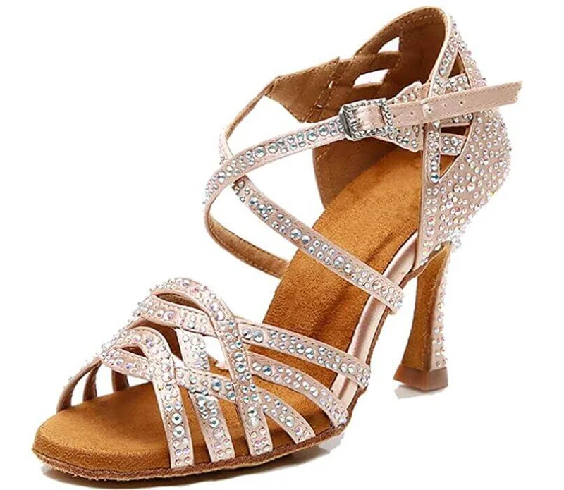 Comfortable Sandals For Summer Flesh Satin Rhinestone Ballroom Shoes Salsa Latin Dancing Shoes