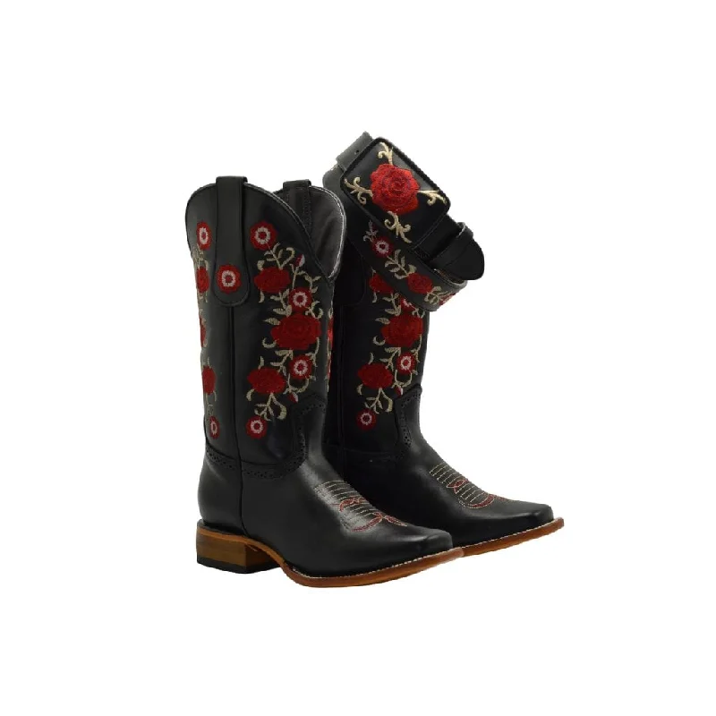 Designer Sneakers For Sale JOE BOOTS 16-07 BLACK/RED  Women COMBO,  Premium Women's Cowboy Embroidered Boots: Square Toe, Western Boot,  Red Flowers SET with Belt