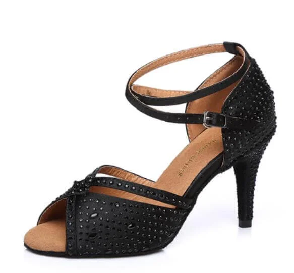 Elegant Casual Footwear Black Satin Ballroom Rhinestone Dance Shoes Latin Salsa Dance Shoes