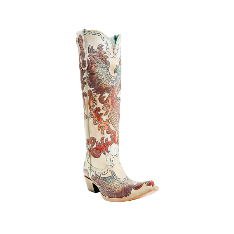 Trendy High Heels For Sale Corral Women's Hand Tooled And Painted Fire Phoenix Cowboy White Boots