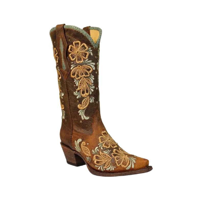 Stylish Boots For Hiking Corral Women's Leather Floral Brown Boot