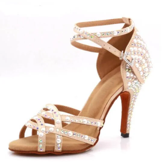 Trendy Walking Shoes Flesh Satin Rhinestone Pearls Ballroom Latin Salsa Dance Shoes