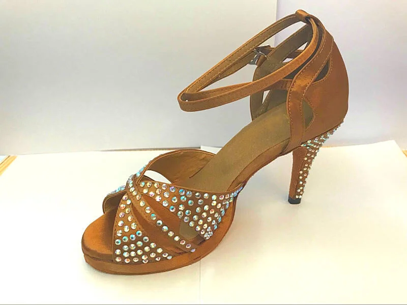 Cozy Winter Shoes Dark Tan Satin Rhinestone Samba Platform Dance Shoes