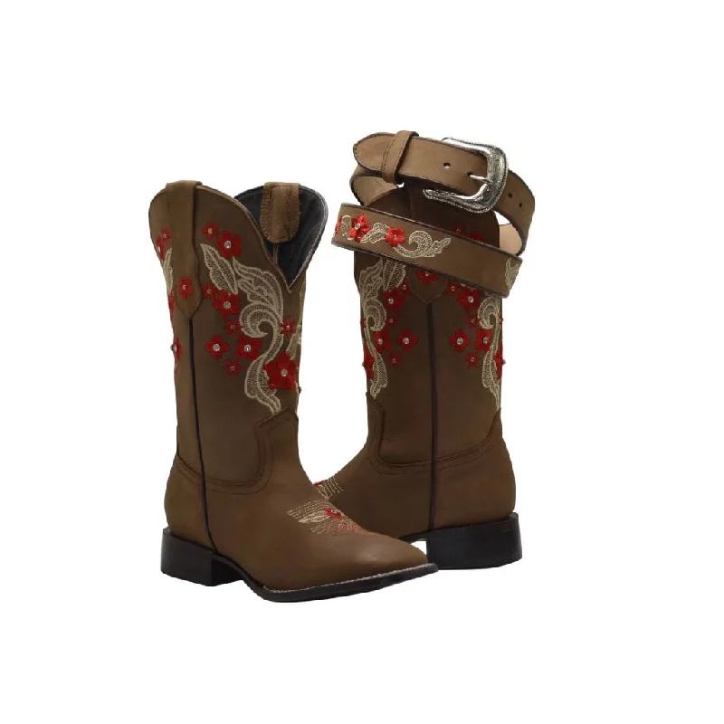 Stylish Casual Footwear JOE BOOTS JB16-06  Premium Women's Western Boots,  Embroidered Boots: Square Toe, Red Flowers SET with Belt.