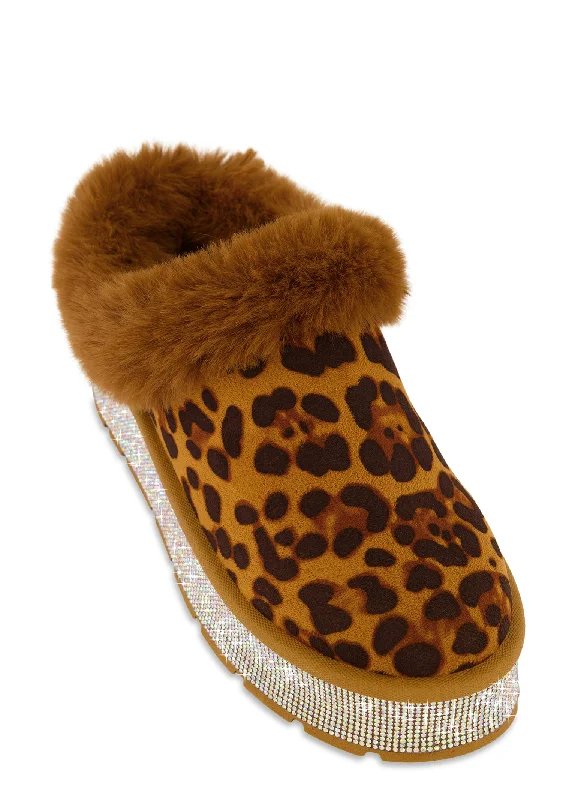 Comfortable Dress Flats Faux Fur Lined Rhinestone Platform Clogs