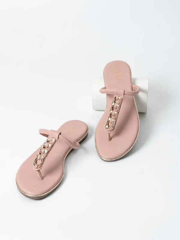 Fashionable Work Sneakers Women Peach And Gold-Toned T-Strap Flats With Buckles