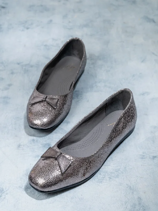 Comfortable Flats For Work Women Pewter Textured Bow Detail Flats Ballerinas