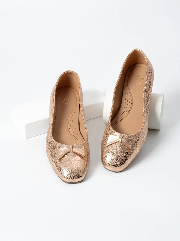 Leather Work Boots Women Rose Gold Textured Bow Detail Flats Ballerinas