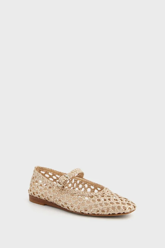 Stylish Work Sneakers Gold Woven Mary Jane Flats