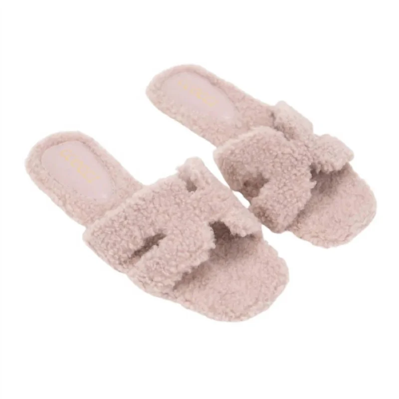 Comfortable Flats For Work Women's Fur H-Shaped Slide In Mauve