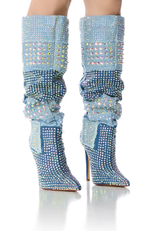 Trendy Boots Online AZALEA WANG MAYABELLE DENIM AND DIAMONDS PATCHWORK BOOT