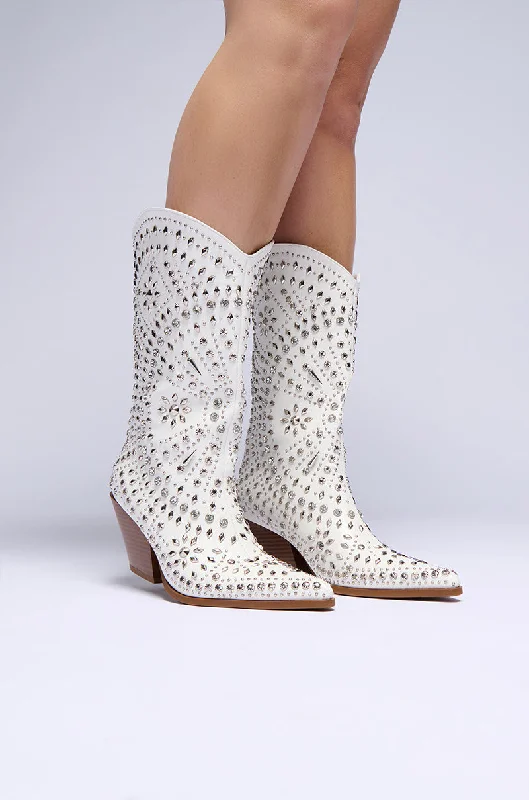 Comfortable Formal Footwear AZALEA WANG AMICABLE WHITE SILVER EMBELLISHED WESTERN BOOT