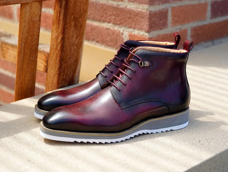 Comfortable Sports Shoes Burnished Calfskin Lace-Up Boot Burgundy