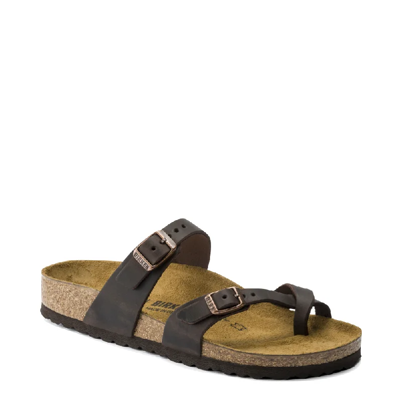 Comfortable Heeled Shoes Birkenstock Women's Mayari Leather Toe Loop Sandal in Habana Brown