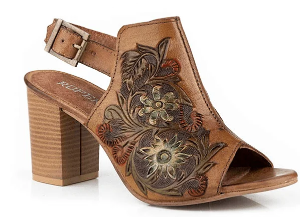 Roper Women's Tan Floral Tooled Leather Open Toe Zip Mule Sandal 0946-3307