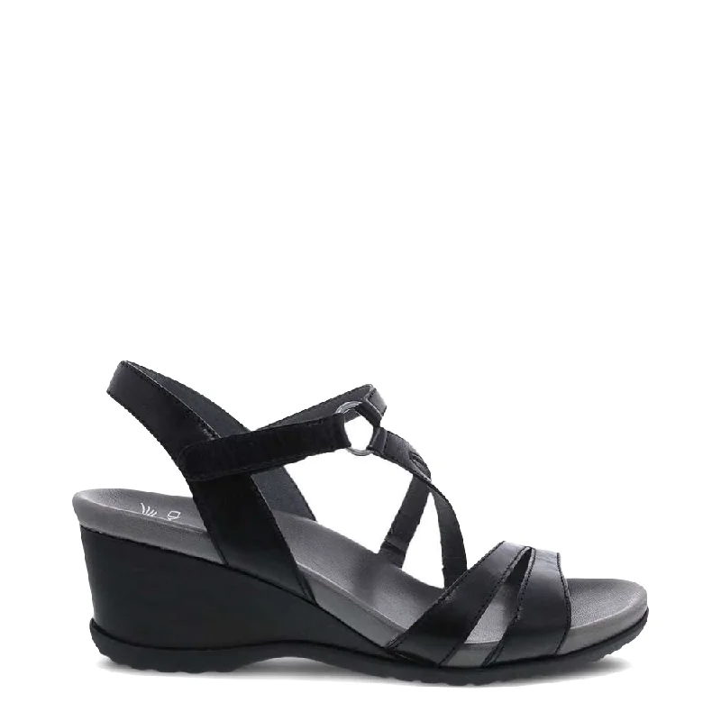 Comfortable Work Sneakers Dansko Women's Addyson Wedge Sandal in Black Glazed Leather