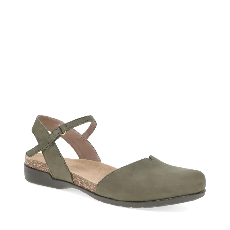 Comfortable Hiking Sandals Dansko Women's Rowan Closed Toe Sandal in Ivy Green Nubuck