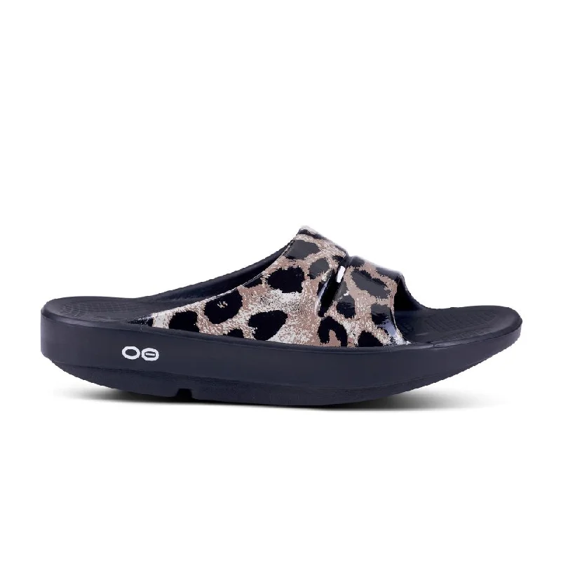 Comfortable Heeled Shoes 'OOFOS' Women's OOahh Slide Limited Edition - Black / Cheetah