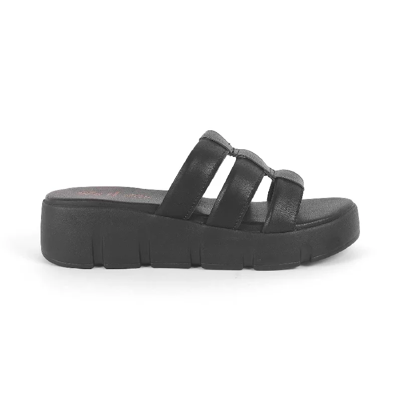 Comfortable Flip Flops Tresmode Cludius Black Women's Casual Chunky Sole Wedges