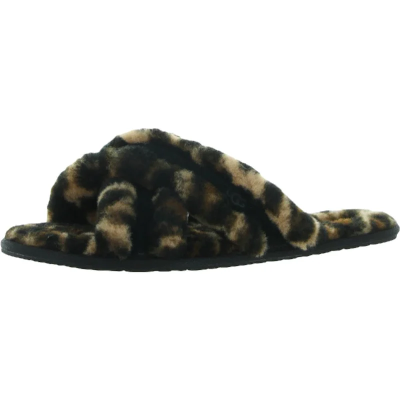 Ugg Scuffita Women's Sheepskin Animal Print Criss-Cross Fluffy Slide Slippers