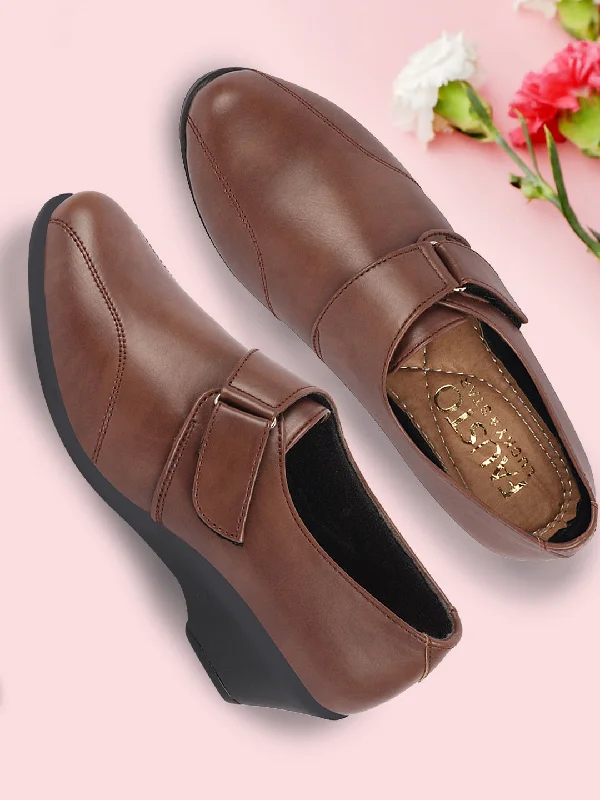 Women Brown Outdoor Fashion Hook and Loop Platform Heel Slip On Shoes